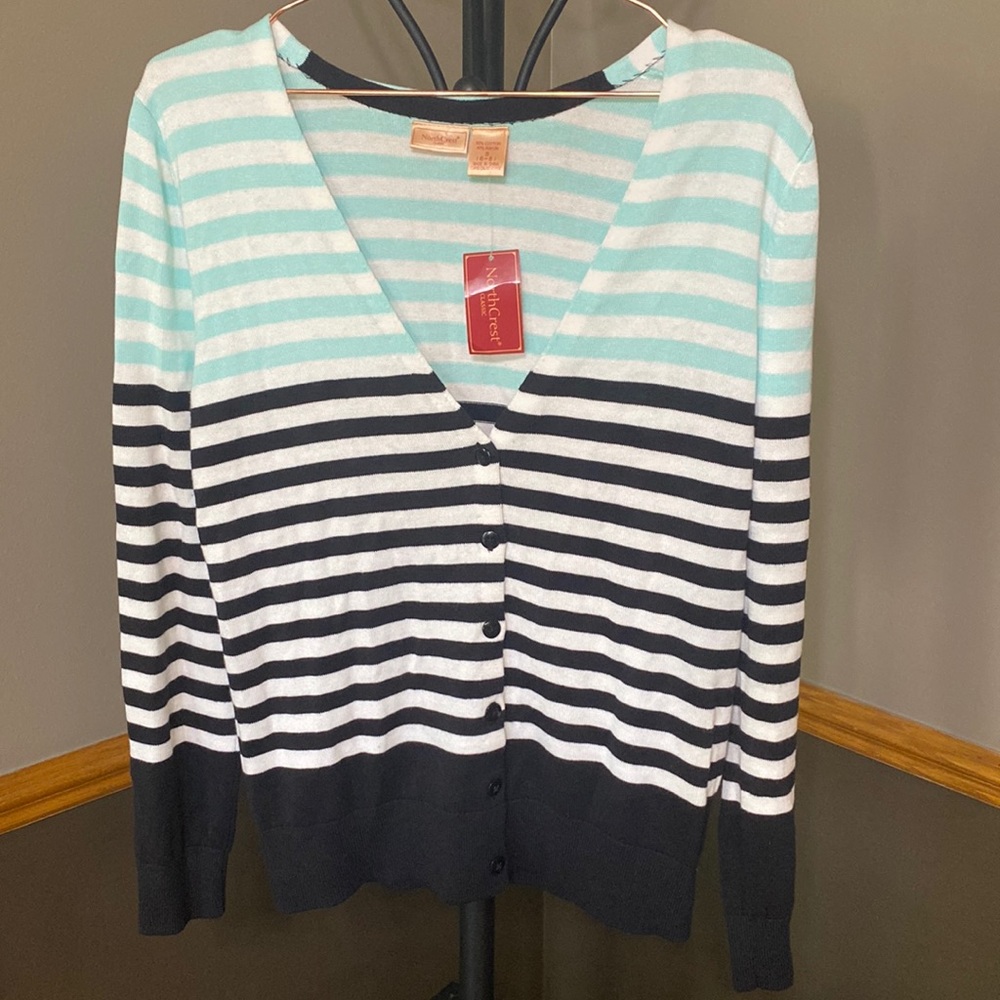 North crest aqua, black & white striped V neck cardigan size small